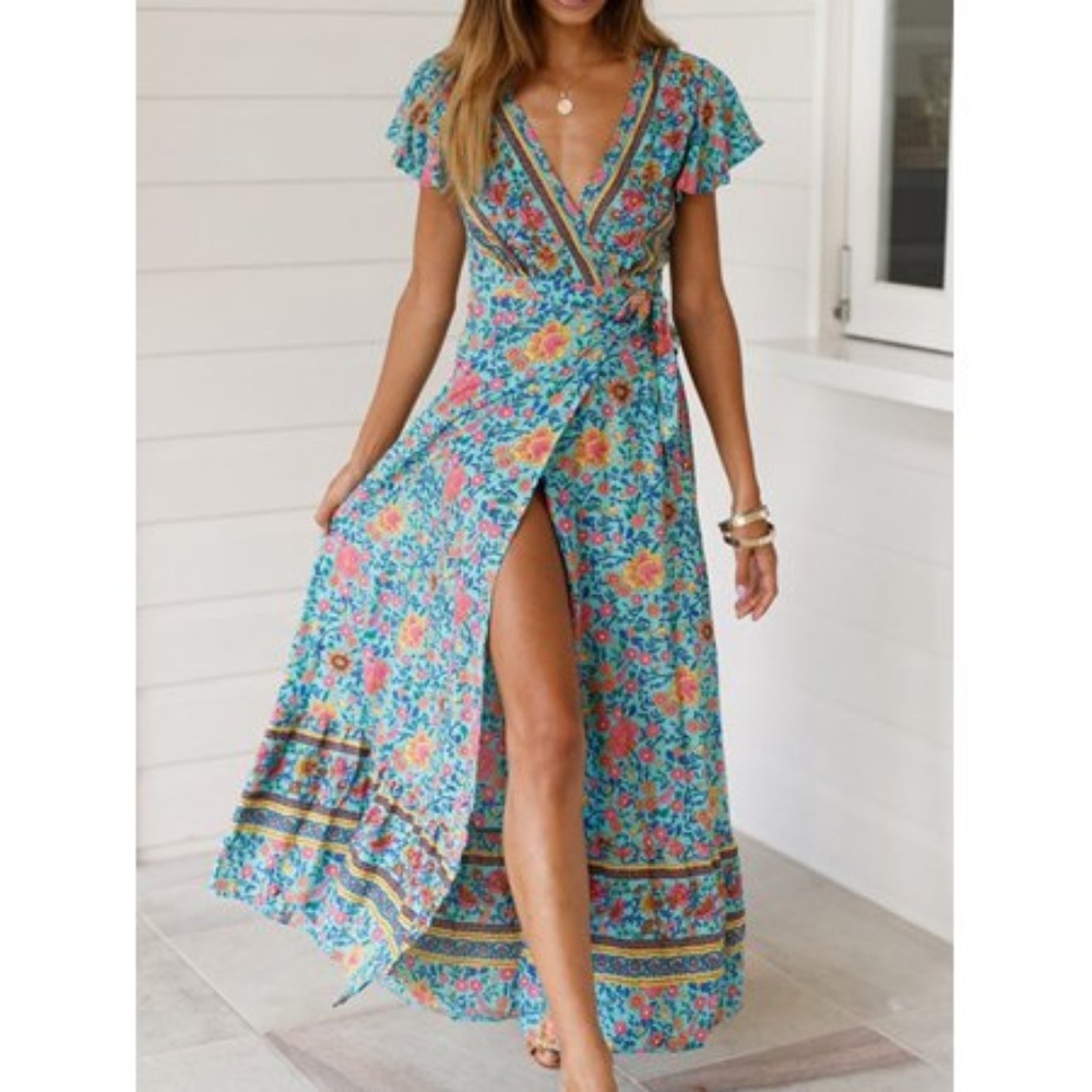 Wrap Maxi Dress, Short Sleeve V-Neck Floral Flowy